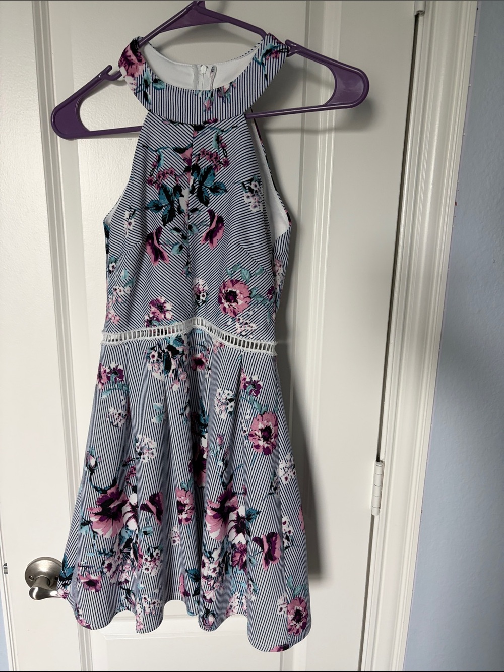Crystal Doll Striped Halter Dress with Pink & Teal Floral Print